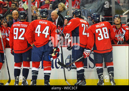 Washington Capitals head coach Barry Trotz calls a time out to talk with his team in the first period at the Verizon Center in Washington, D.C. on November 28, 2014.   UPI/Mark Goldman Stock Photo