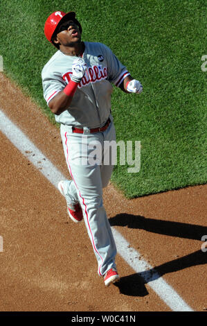 Philadelphia Phillies third baseman Maikel Franco (7) points skyward after a two run home run in the third inning at Nationals Park in Washington, D.C. on May 23, 2015.  The Philadelphia Phillies  defeated the Washington Nationals, 8-1. Photo by Mark Goldman/UPI Stock Photo