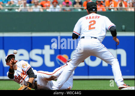 Baltimore Orioles second baseman Ryan Flaherty loses his glove