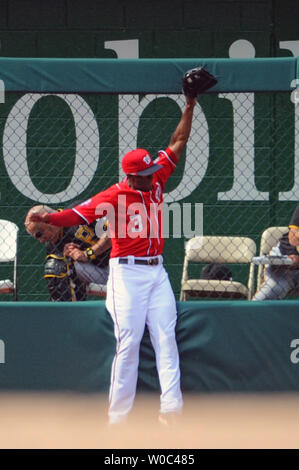 Washington Nationals left fielder Michael Taylor (3) catches a fly ball against the fence in the third inning at Nationals Park in Washington, D.C. on June 20, 2015.  Photo by Mark Goldman/UPI Stock Photo