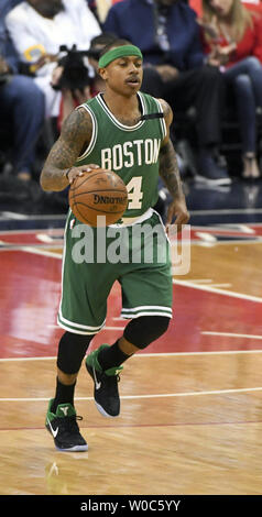 Boston Celtics guard Isaiah Thomas (4) brings the ball upcourt against the Washington Wizards in the first half at the Verizon Center in Washington, D.C. on May 4, 2017 in the NBA Conference Semifinals.  Photo by Mark Goldman/UPI Stock Photo