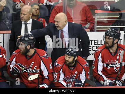 Washington Capitals head coach Barry Trotz gestures on the bench in the third period at the Verizon Center in Washington, D.C. on May 6, 2017, in game five of the second round of the Stanley Cup Playoffs.  The Washington Capitals defeated the Pittsburgh Penguins, 4-2.  Photo by Mark Goldman/UPI Stock Photo