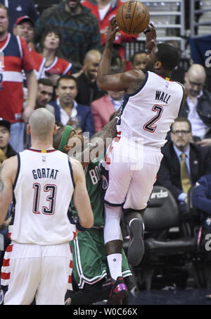 Washington Wizards guard John Wall (2) scores in the first half against Boston Celtics guard Isaiah Thomas (4) at the Verizon Center in Washington, D.C. on May 12, 2017 in game six of the NBA Eastern Conference Semifinals.  Photo by Mark Goldman/UPI Stock Photo