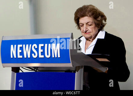 Helen Thomas of Hearst News Service speaks at the dedication of the Journalists Memorial that honors journalists who died or were killed in the pursuit of news at The Newseum on April 4, 2008 in Washington.  The Journalists Memorial bears the names of 1,843 reporters, editors, photographers, broadcasters and executives from around the world who died or were killed while covering wars, civil violence or natural disasters, or were killed because of their work since 1837.  (UPI Photo/Patrick D. McDermott)
