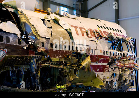 The recovered wreckage of TWA Flight 800 stands reassembled at the National Transportation Safety Board Training Academy where it is used for training new investigators in Ashburn, Virginia on July 16, 2008. The Boeing 747 crashed into the Atlantic after passing over Long Island Sound and Long Island, New York in 1996, after a flammable mixture of fuel and oxygenated air caused a catastrophic explosion. The Department of Transportation announced that almost all U.S. commercial airliners will be required to install a new air separator to help prevent oxygen from entering an aircrafts' fuel tank Stock Photo