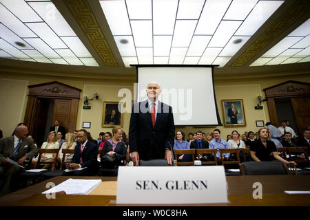 Former Sen. John Glenn, D-OH, a former NASA astronaut and the first American to orbit the Earth, arrives to testify before a House Science and Technology Committee hearing on 'National Aeronautics and Space Administration (NASA) at 50: Past Accomplishments and Future Opportunities and Challenges' on Capitol Hill in Washington on July 30, 2008. (UPI Photo/Patrick D. McDermott) Stock Photo