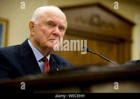 Former Sen. John Glenn, D-OH, a former NASA astronaut and the first American to orbit the Earth, testifies before the House Science and Technology Committee hearing on 'National Aeronautics and Space Administration (NASA) at 50: Past Accomplishments and Future Opportunities and Challenges' on Capitol Hill in Washington on July 30, 2008. (UPI Photo/Patrick D. McDermott) Stock Photo