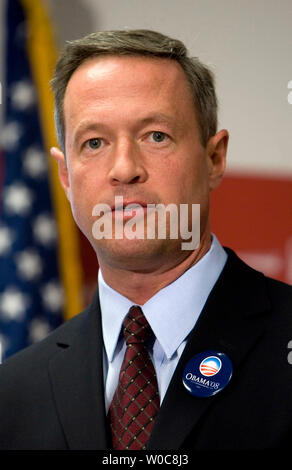 Governor Martin O'Malley, D-MD, speaks during a news conference to kickoff the new Exxon-McCain 2008 Presidential campaign in Washington on August 6, 2008. The goal of the Exxon-McCain campaign is to highlight presumptive Republican Presidential candidate Sen. John McCain's, D-AZ, close ties to the oil industry.  (UPI Photo/Patrick D. McDermott) Stock Photo