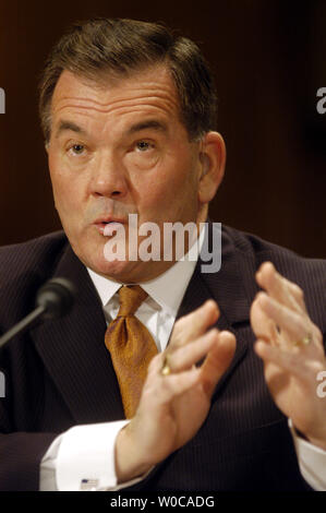 Secretary of Homeland Security Tom Ridge testifies before the Senate Governmental Affairs Committee regarding the FY2005 Homeland Security Budget, on February 9, 2004 in Washington.  Ridge discussed the progress the department has had since it's inception, and admits there is still a lot of work to do. (UPI Photo/Michael Kleinfeld) Stock Photo