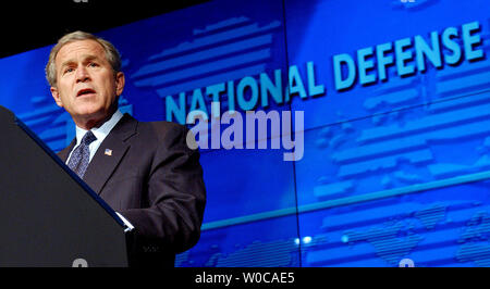 President George W. Bush outlines plans to help curb the proliferation of weapons of mass destruction during a speech at Fort Lesley J. McNair National Defense University in Washington on February 11, 2004.    (UPI Photo/Roger L. Wollenberg) Stock Photo