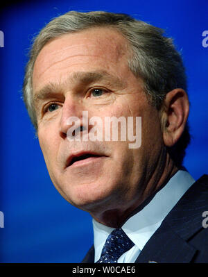 President George W. Bush outlines plans to help curb the proliferation of weapons of mass destruction during a speech at Fort Lesley J. McNair National Defense University in Washington on February 11, 2004.    (UPI Photo/Roger L. Wollenberg) Stock Photo