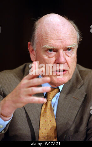Treasury Secretary John W. Snow testifies before the Senate Finance Committee hearing on the revenue proposals in the president's fiscal 2005 budget on February 12, 2004 in Washington.  Snow discussed what he says is an up swing in the economy and warned Congress of playing games with the European Union's threats to impose tariffs on U.S. goods. (UPI Photo/Michael Kleinfeld) Stock Photo