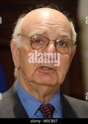 Former Federal Reserve Chairman Paul A. Volcker speaks at a news conference defending the estate tax on March 10, 2004, at the National Press Club in Washington.      (UPI Photo/Roger L. Wollenberg) Stock Photo