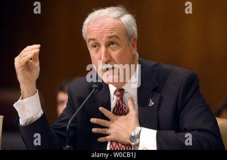 NASA Administrator Sean O'Keefe testifies before a Senate subcommittee hearing examining NASA's 2005 budget, on March 11, 2004, on Capitol Hill in Washington.      (UPI Photo/Roger L. Wollenberg) Stock Photo