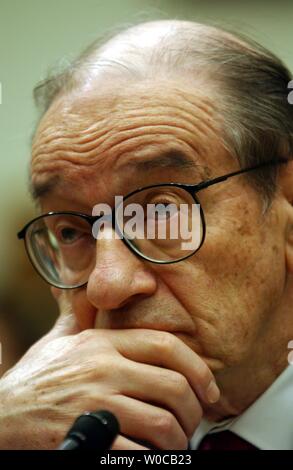 Federal Reserve Chairman Alan Greenspan testifies before the House Education and the Workforce Committee on March 11, 2004 in Washington.  (UPI Photo/Michael Kleinfeld) Stock Photo