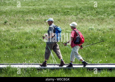 Seniors, nordic walking couple healthy lifestyle walking poles couple Stock Photo