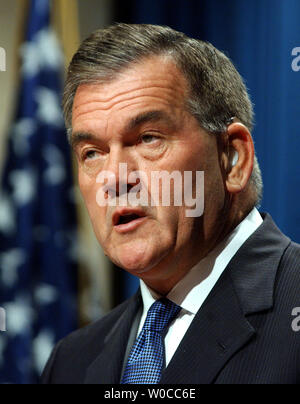 Secretary Homeland Security Tom Ridge talks about bio-terrorism safety measures, present and future, at the Department of Health and Human Services in Washington on April 28, 2004.    (UPI Photo/Roger L. Wollenberg) Stock Photo