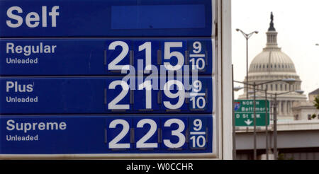 A sign showing the high gas prices can be seen in front of the Capitol Building on May 23, 2004 in Washington.  Gas prices are reaching all time highs all across the country, with the highest prices in California.  This comes on a day when Saudia Arabia has promised to increase the oil out-put headed to the United States. (UPI Photo/Michael Kleinfeld) Stock Photo