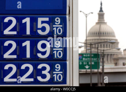 A sign showing the high gas prices can be seen in front of the Capitol Building on May 23, 2004 in Washington.  Gas prices are reaching all time highs all across the country, with the highest prices in California.  This comes on a day when Saudia Arabia has promised to increase the oil out-put headed to the United States. (UPI Photo/Michael Kleinfeld) Stock Photo