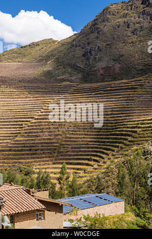 Terraces and views from the Mirador de Inti Huatana in Pisac, Sacred Valley, Peru, South America, Stock Photo