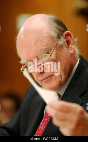 Treasury Secretary John Snow testifies before the Senate Appropriations Committee on FY2006 appropriations for the Treasury Department on April 26, 2005 in Washington.  Snow was asked about mismanagement of funds at the Treasury Dept. Building during renovations and also at the IRS. (UPI Photo/Michael Kleinfeld) Stock Photo