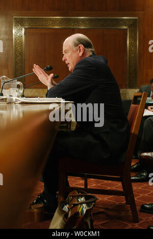 Treasury Secretary John Snow testifies before the Senate Appropriations Committee on FY2006 appropriations for the Treasury Department on April 26, 2005 in Washington.  Snow was asked about mismanagement of funds at the Treasury Dept. Building during renovations and also at the IRS. (UPI Photo/Michael Kleinfeld) Stock Photo