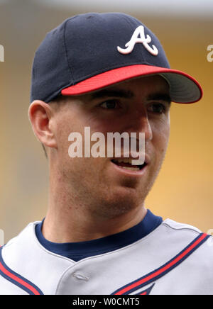 Atlanta Braves' first baseman Adam LaRoche awaits the start of their match-up against the Washington Nationals at RFK Stadium in Washington, DC on June 2, 2005. The Nationals defeated the Braves 8-6. (UPI Photo/Kevin Dietsch) Stock Photo