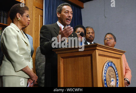 Congressional Black Caucus chairman Rep. Melvin Watt, D-N.C., backed by members of the caucus, voices the group's opposition to Supreme Court Justice nominee Samuel Alito during a news conference on Capitol Hill in Washington on December 8, 2005.   (UPI Photo/Roger L. Wollenberg) Stock Photo