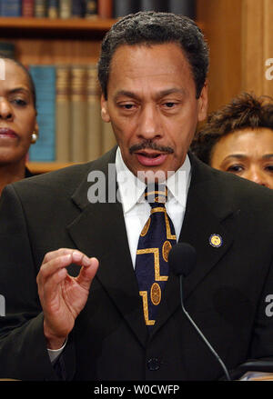 Congressional Black Caucus chairman Rep. Melvin Watt, D-N.C., backed by members of the caucus, voices the group's opposition to Supreme Court Justice nominee Samuel Alito during a news conference on Capitol Hill in Washington on December 8, 2005.   (UPI Photo/Roger L. Wollenberg) Stock Photo