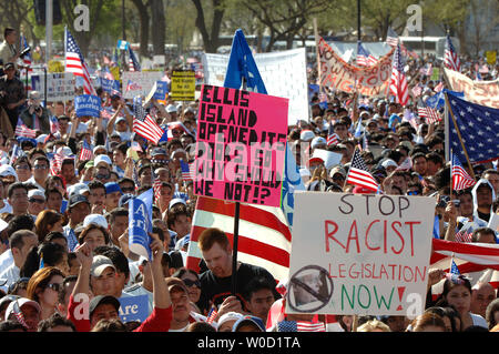 Tens of thousands of immigrants and their supporters march during a rally in Washington on April 10, 2006. Across the U.S. hundreds of thousands of protestors rallied today against a House bill that would criminalize illegal immigrants and for reform measures that would protect their rights.  (UPI Photo/Roger L. Wollenberg) Stock Photo