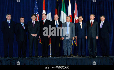 Finance ministers pose during a group photo at the G7 finance ministers and central bank governor meeting in Washington on April 21, 2006. The ministers included were, from the left, Prime Minister and Finance of Luxembourg Jean-Claude Juncker, Canadian Finance Minister James Flaherty, French Finance Minister Thierry Breton, German Finance Minister Peer Steinbrueck, U.S. Treasury Secretary John Snow, Italian Finance Minister Giulio Tremonti, Japanese Finance Minister Sadakazu Tanigazki, Russian Finance Minister Alexei Kudrin and British Chancellor of the Exchequer Gordon Brown. (UPI Photo/Kevi Stock Photo