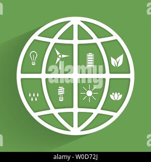 earth symbol with eco icons inside in retro flat design vector template Stock Vector