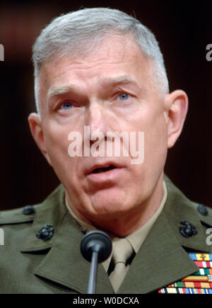 Marine Corps Commandant Gen. James Conway testifies before a Senate Armed Services Committee hearing on the future readiness of the Army and Marines, in Washington on February 15, 2007. (UPI Photo/Kevin Dietsch) Stock Photo