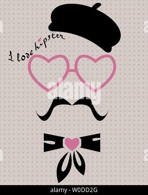 abstract vector hipster silhouette with beret, heart glasses, mustache and heart cravat on the vintage polka dot background Stock Vector