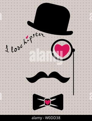 abstract vector hipster silhouette with bowler hat, monocle, mustache and bow tie on the vintage polka dot background Stock Vector