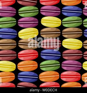 seamless pattern of colorful different taste macaroons on the black background vector Stock Vector
