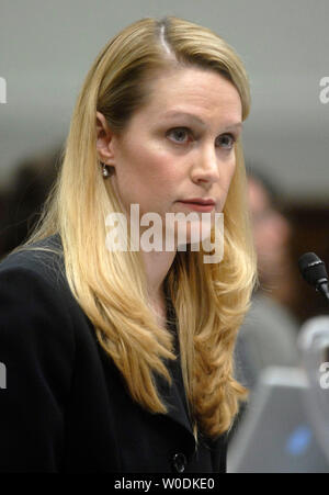 Monica Goodling, former Justice Department White House Liaison, testifies before a House Judiciary Committee hearing on the firings of U.S. Attorneys, on Capitol Hill in Washington on May 23, 2007. (UPI Photo/Kevin Dietsch) Stock Photo