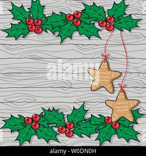 vector template for christmas card with holly and gingerbreads on the seamless wood texture Stock Vector