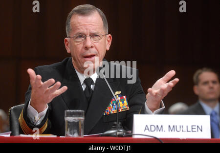 Navy Admiral Michael Mullen, nominated to be the Chairman of the Joint Chiefs of Staff, testifies during his nomination hearing before the Senate Armed Services Committee in Washington on July 31, 2007. (UPI Photo/Kevin Dietsch) Stock Photo