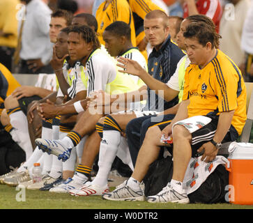 LA Galaxy's David Beckham (C) sits with teammates on the bench during a game against the DC United at RFK Stadium in Washington on August 9, 2007.  (UPI Photo/Alexis C. Glenn) Stock Photo