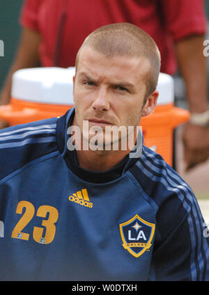 LA Galaxy's David Beckham sits on the bench before a game against the DC United at RFK Stadium in Washington on August 9, 2007.  (UPI Photo/Alexis C. Glenn) Stock Photo