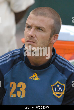 LA Galaxy's David Beckham sits on the bench before a game against the DC United at RFK Stadium in Washington on August 9, 2007.  (UPI Photo/Alexis C. Glenn) Stock Photo