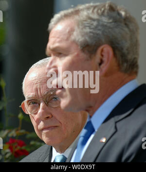 U.S. President George W. Bush (R) announces Michael B. Mukasey, a retired federal judge from New York, to replace Alberto Gonzales as attorney general in the Rose Garden of the White House on September 17, 2007.   (UPI Photo/Roger L. Wollenberg) Stock Photo