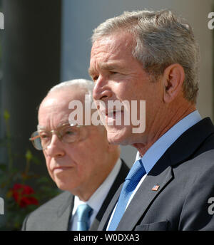 U.S. President George W. Bush (R) announces Michael B. Mukasey, a retired federal judge from New York, to replace Alberto Gonzales as attorney general in the Rose Garden of the White House on September 17, 2007.   (UPI Photo/Roger L. Wollenberg) Stock Photo