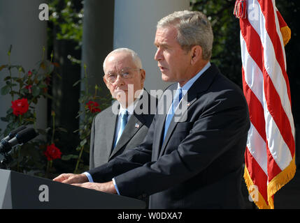 U.S. President George W. Bush (R) announces Michael B. Mukasey, a retired federal judge from New York, to replace Alberto Gonzales as attorney general in the Rose Garden of the White House on September 17, 2007.   (UPI Photo/Roger L. Wollenberg) Stock Photo