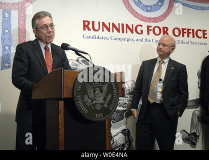 Senate Historian Richard A. Baker (L) delivers remarks alongside Archivist of the United States Allen Weinstein at a media preview for The National Archives new exhibit 'Running for Office: Candidates, Campaigns, and the Cartoons of Clifford Berryman' in Washington on January 31, 2008. The exhibit, which is set to open on February 8, features the work of political cartoonist Clifford K. Berryman spanning the years 1898-1949. Most of the work appeared in the pages of either the Washington Post or Washington Star. (UPI Photo/Kevin Dietsch) Stock Photo