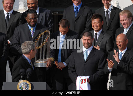 U.S. President George W. Bush (L) looks back at pitcher Daisuke Matsuzaka (2nd R) as Bush welcomes the 2007 World Series Champions, the Boston Red Sox, on the South Portico of the White House in Washington on February 27, 2008. (UPI Photo/Alexis C. Glenn) Stock Photo