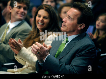 Gov. Arnold Schwarzenegger  (R-CA) (R) and his wife Maria Shriver attend a ceremony for Eunice Kennedy Shriver at which she was inducted into the National Institute of Child Health and Human Development (NICHD) Hall of Honor for her role in helping to form the NICHD during a ceremony honoring her contributions to metal health at the National Institute of Health in Bethesda, Maryland on March 3, 2008. In addition to being named into the hall of honor the National Institute of Health renamed the Mental Retardation and Developmental Disabilities Research Centers the Eunice Kennedy Shriver Intelle Stock Photo