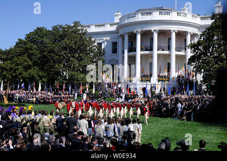 The U.S. Army Fife and Drum Corp. perform for Pope Benedict XVI at an official welcoming ceremony hosted by U.S. President George W. Bush and First Lady Bush on the South Lawn of the White House in Washington on April 16, 2008. This is the Pope's first visit to the United States and only the second visit in history by a Pope to the White House. (UPI Photo/Kevin Dietsch) Stock Photo