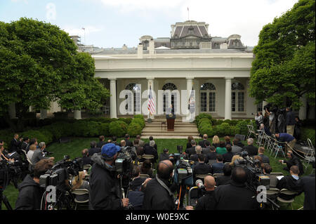U.S. President George W. Bush speaks to the media during a news conference in the Rose Garden of the White House in Washington on April 29, 2008. Bush started the news conference by discussing the economy, rising gas prices and calling on Congress to open up Anwar to oil drilling. (UPI Photo/Roger L. Wollenberg) Stock Photo